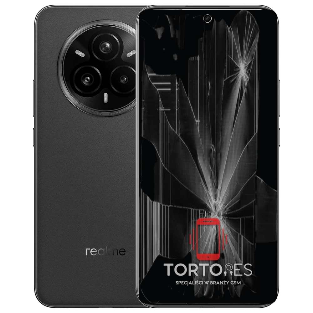 Realme 14 Pro+ 5G z ilustracją pękniętego wyświetlacza - wymiana zbitego wyświetlacza