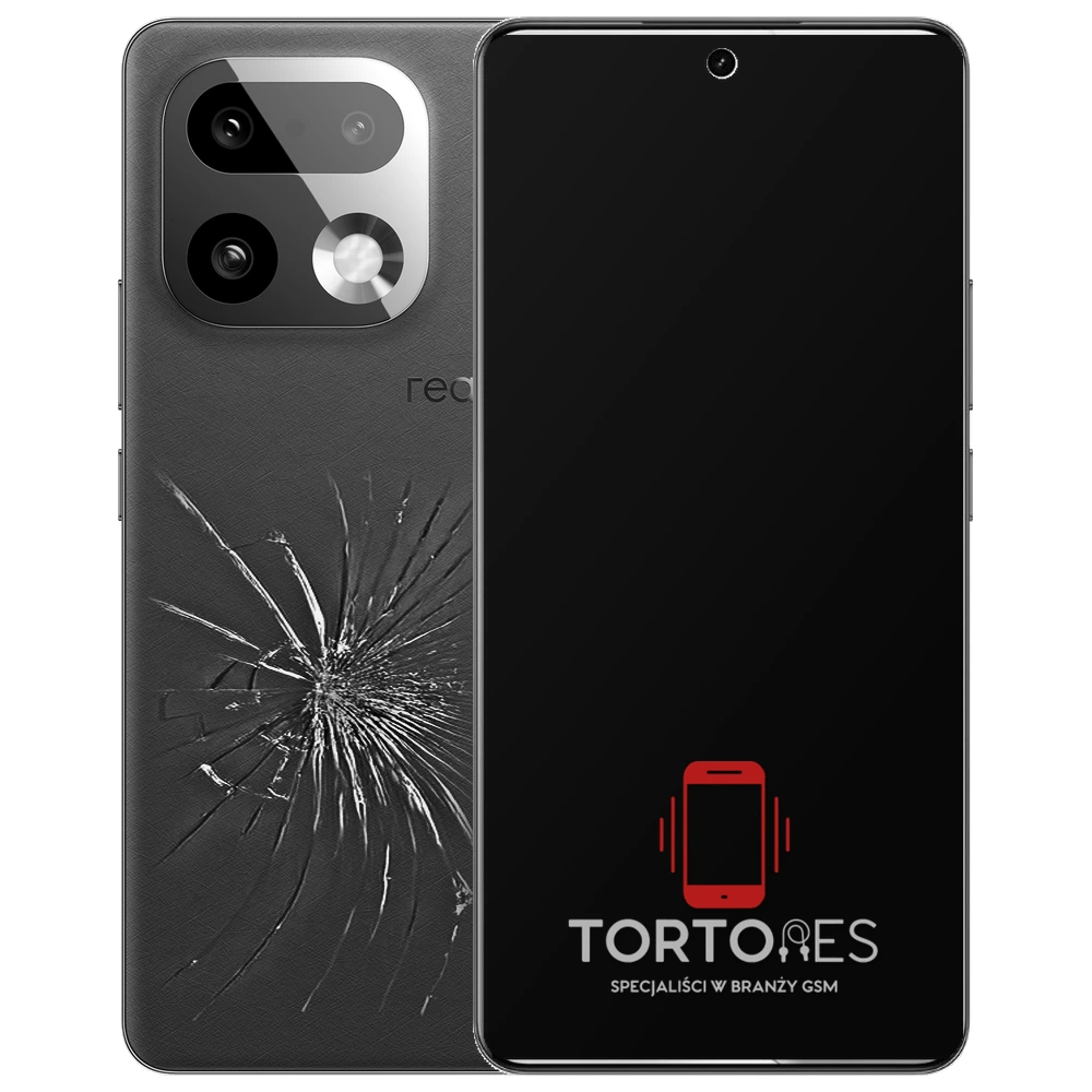 Realme 16 Pro+ 5G z ilustracją pękniętej tylnej klapki - wymiana zbitej klapki