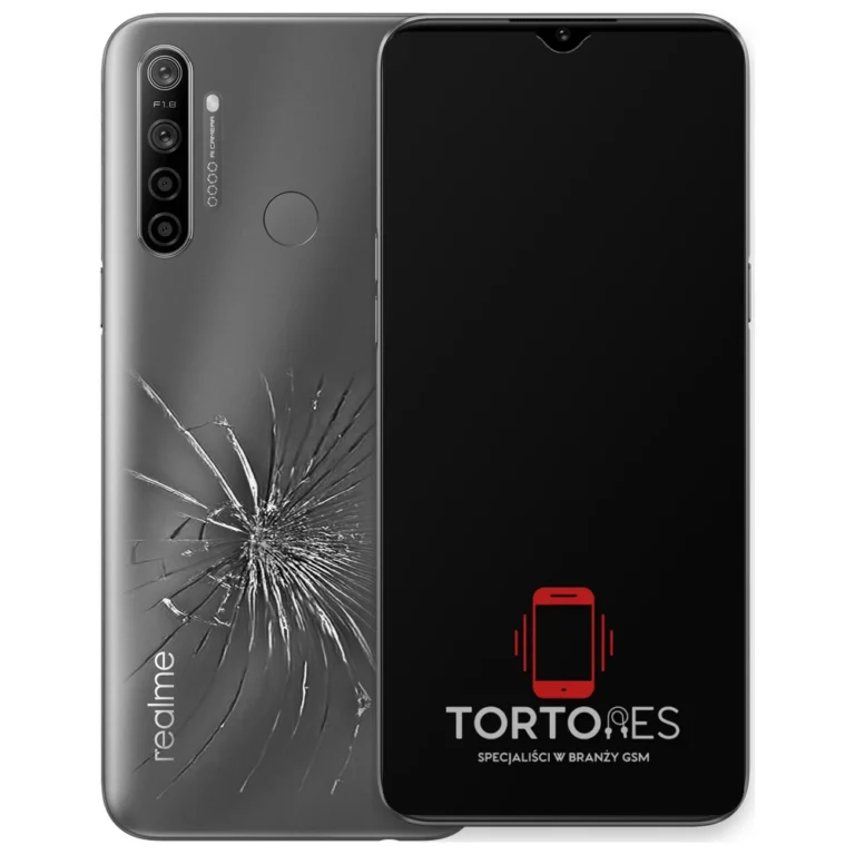 Realme 5i z ilustracją pękniętej tylnej klapki - wymiana zbitej klapki