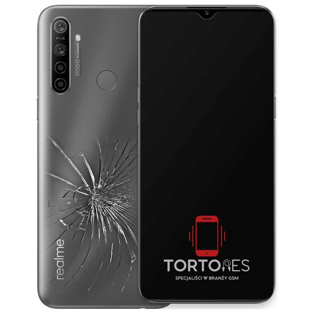 Realme 5i z ilustracją pękniętej tylnej klapki - wymiana zbitej klapki