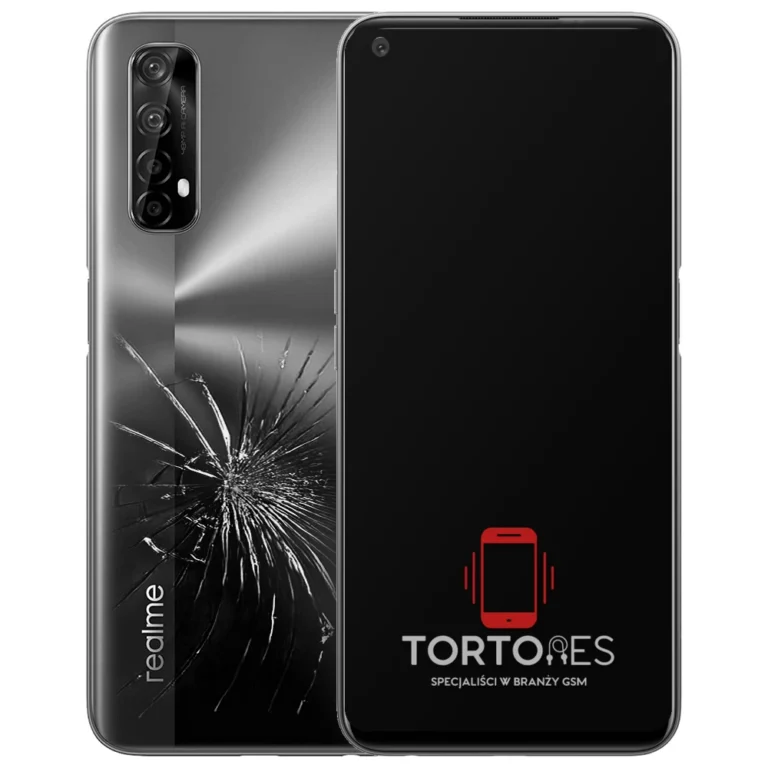 Realme 7 5G z ilustracją pękniętej tylnej klapki - wymiana zbitej klapki