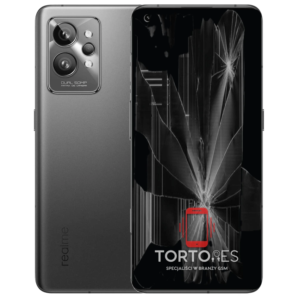 Realme GT 2 Pro z ilustracją pękniętego wyświetlacza - wymiana zbitego wyświetlacza