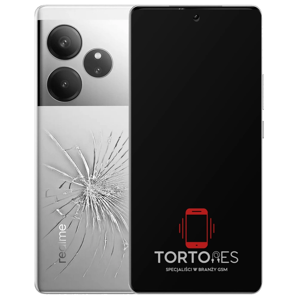 Realme GT 6 z ilustracją pękniętej tylnej klapki - wymiana zbitej klapki