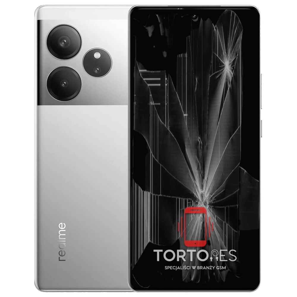 Realme GT 6 z ilustracją pękniętego wyświetlacza - wymiana zbitego wyświetlacza