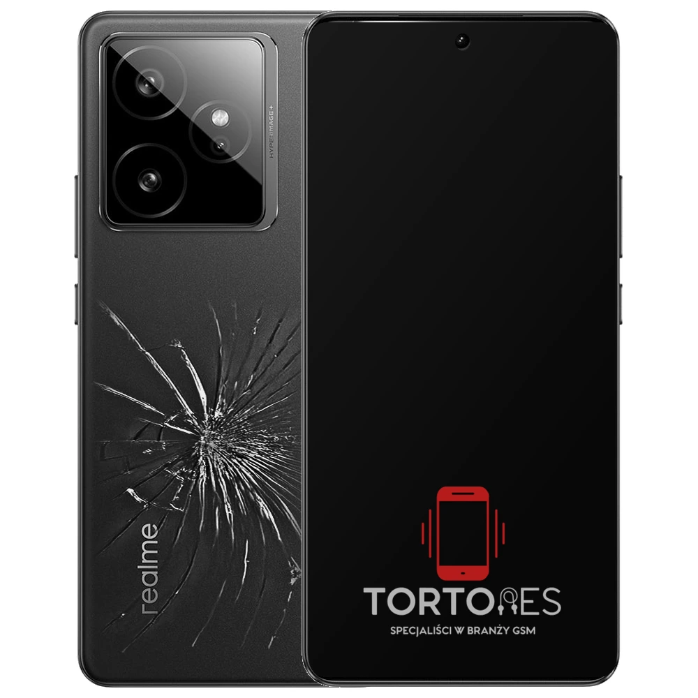 Realme GT 7 z ilustracją pękniętej tylnej klapki - wymiana zbitej klapki
