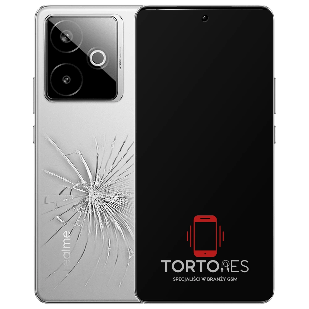 Realme GT 7T z ilustracją pękniętej tylnej klapki - wymiana zbitej klapki