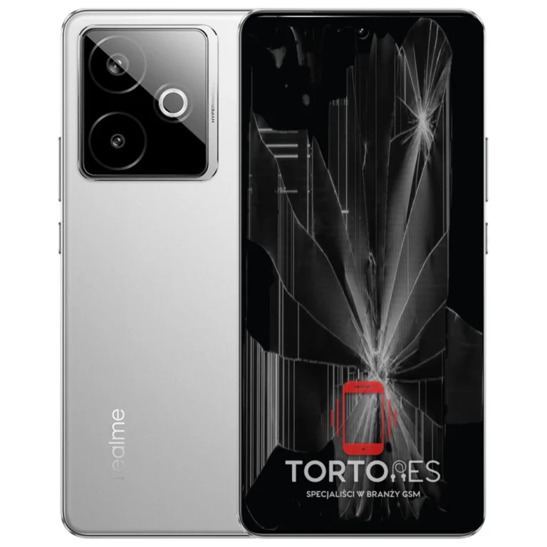 Realme GT 7T z ilustracją pękniętego wyświetlacza - wymiana zbitego wyświetlacza