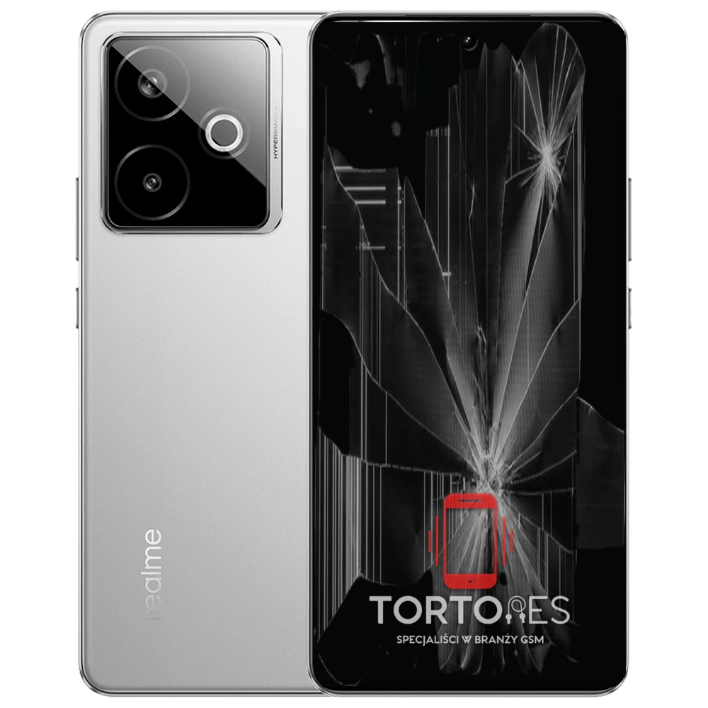 Realme GT 7T z ilustracją pękniętego wyświetlacza - wymiana zbitego wyświetlacza