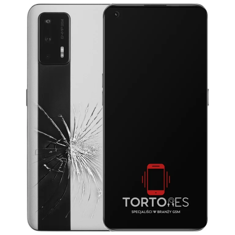 Realme GT 5G z ilustracją pękniętej tylnej klapki - wymiana zbitej klapki