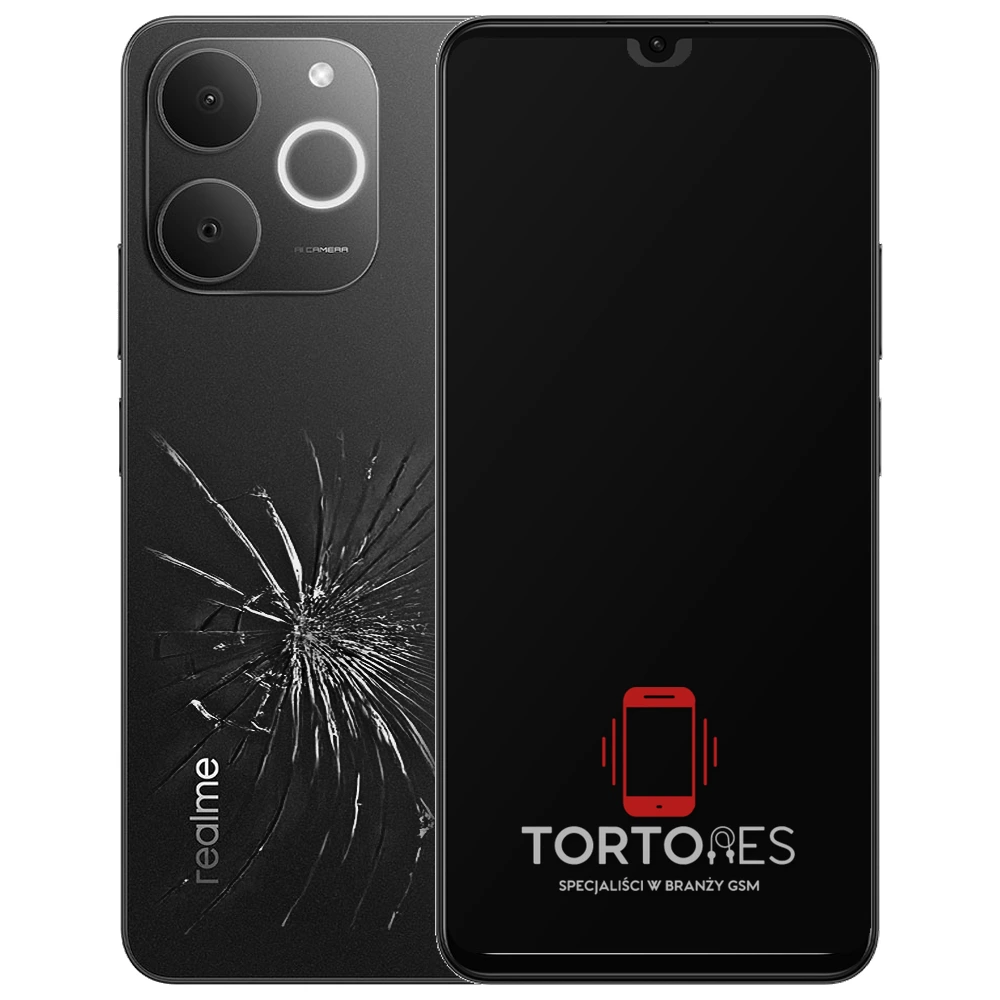 Realme Note 70T z ilustracją pękniętej tylnej klapki - wymiana zbitej klapki