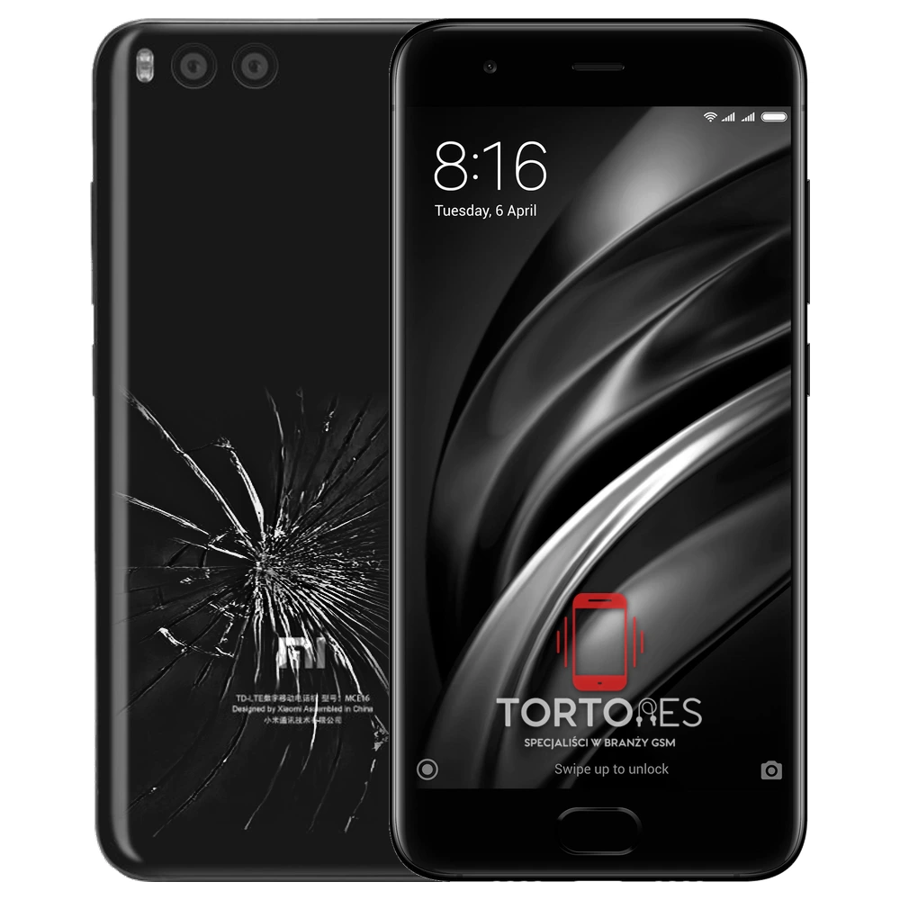 Xiaomi Mi 6 z ilustracją pękniętej tylnej klapki - wymiana zbitej klapki