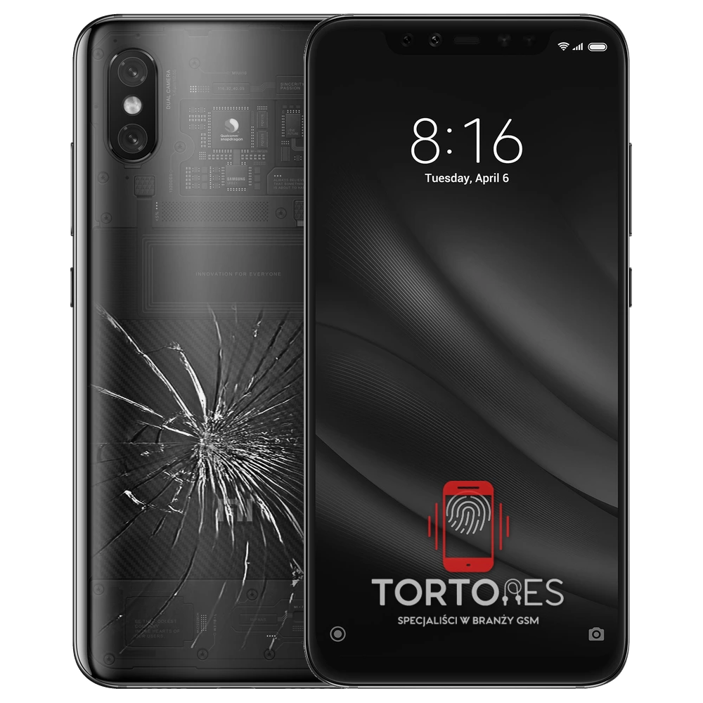 Xiaomi Mi 8 Pro z ilustracją pękniętej tylnej klapki - wymiana zbitej klapki
