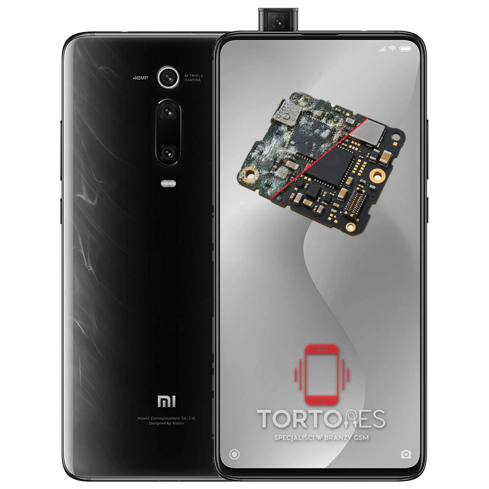 Xiaomi Mi 9T z ilustracją zalania - czyszczenie po zalaniu