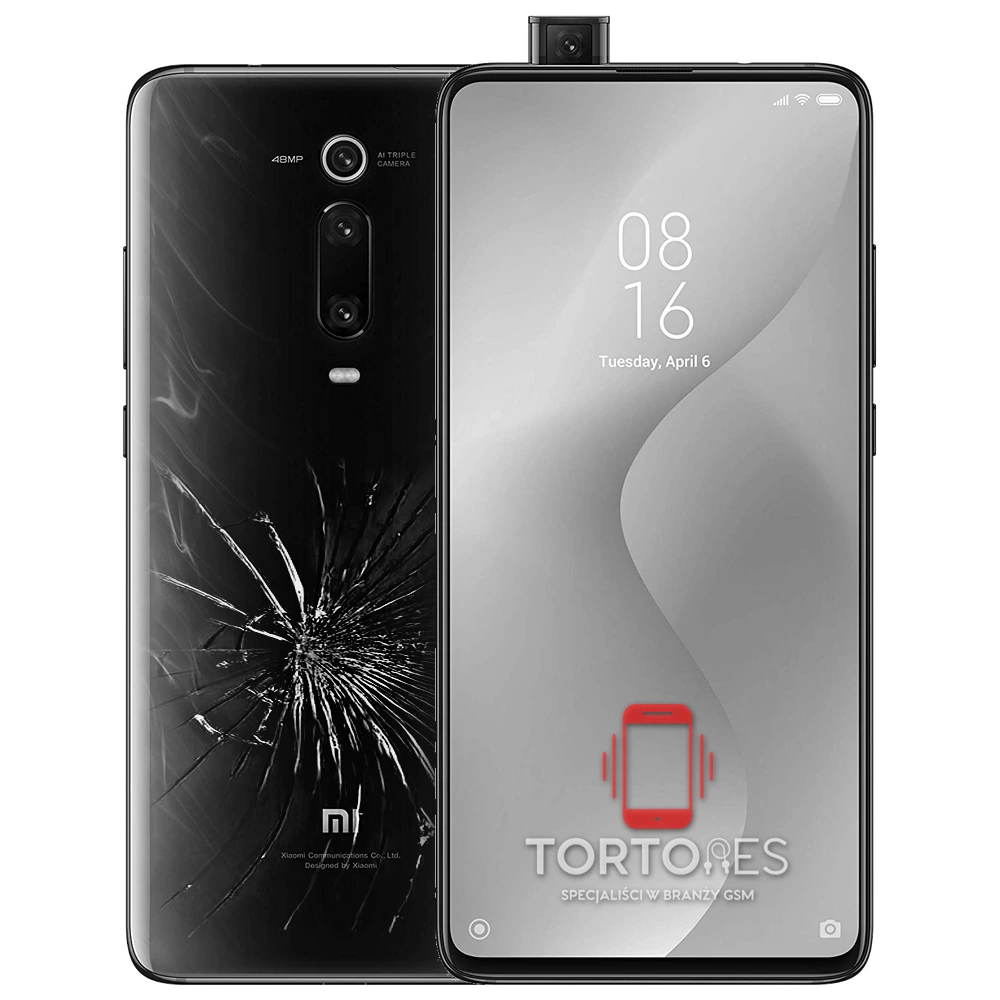 Xiaomi Mi 9T z ilustracją pękniętej tylnej klapki - wymiana zbitej klapki