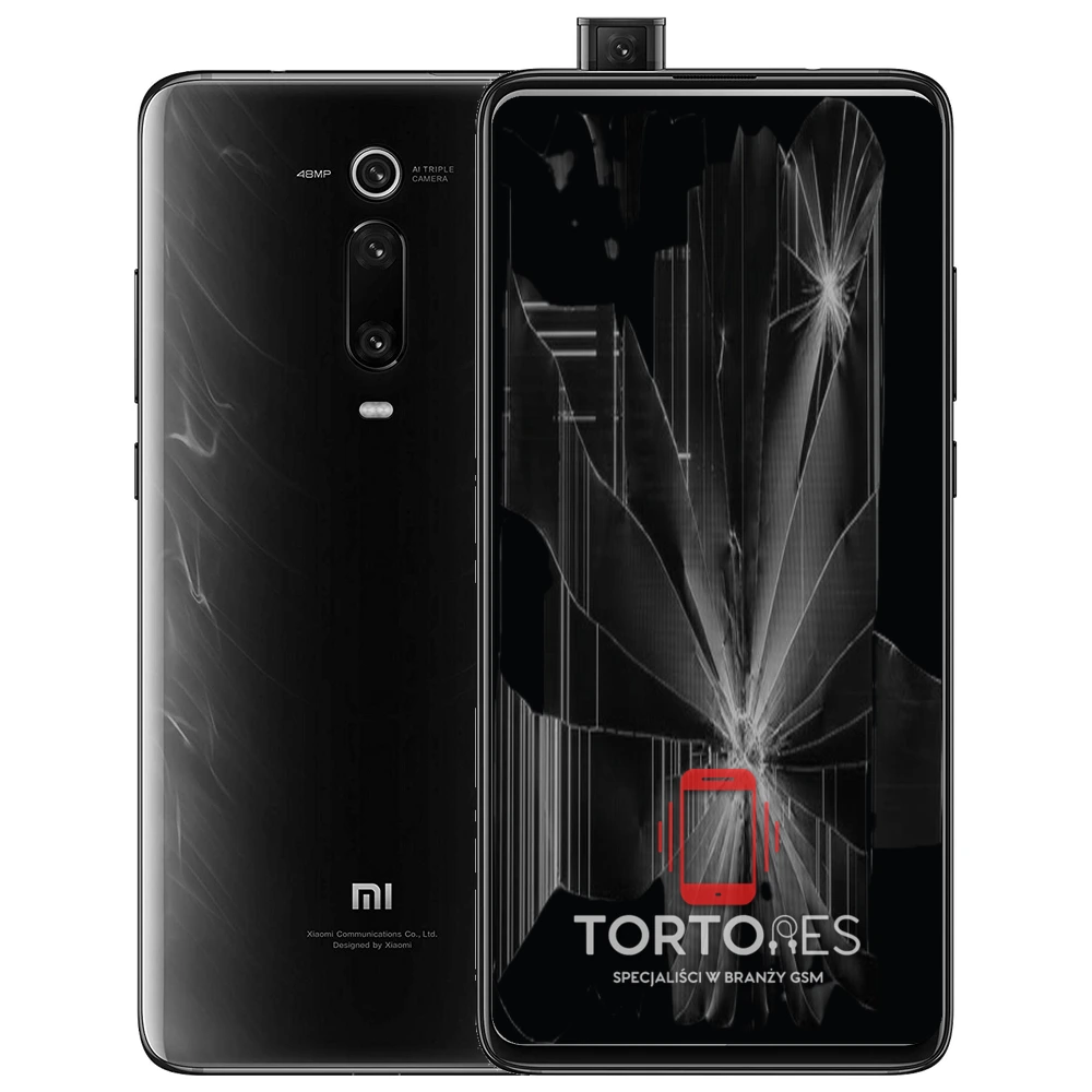 Xiaomi Mi 9T z ilustracją pękniętego wyświetlacza - wymiana zbitego wyświetlacza