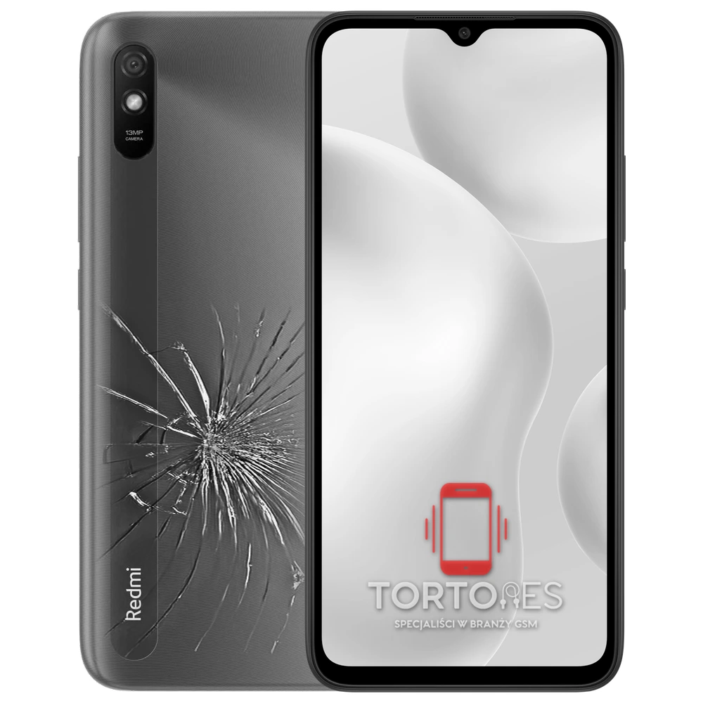 Redmi 9AT z ilustracją pękniętej tylnej klapki - wymiana zbitej klapki