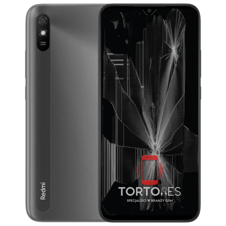 Redmi 9AT z ilustracją pękniętego wyświetlacza - wymiana zbitego wyświetlacza