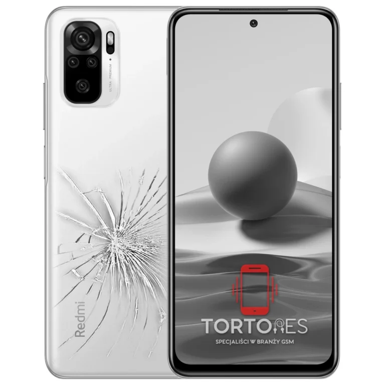 Redmi Note 10 z ilustracją pękniętej tylnej klapki - wymiana zbitej klapki