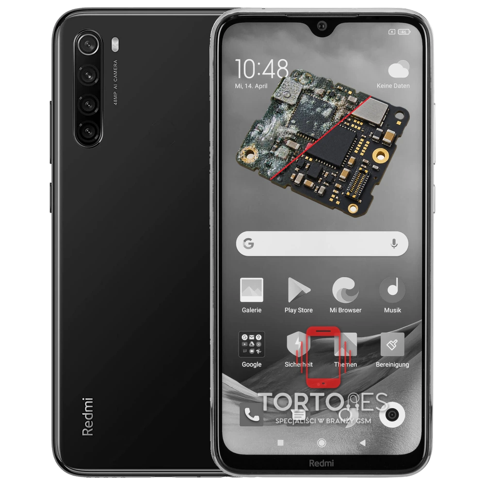 Redmi Note 8 2021 z ilustracją zalania - czyszczenie po zalaniu